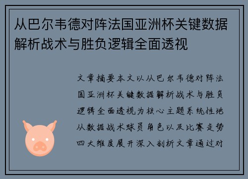从巴尔韦德对阵法国亚洲杯关键数据解析战术与胜负逻辑全面透视